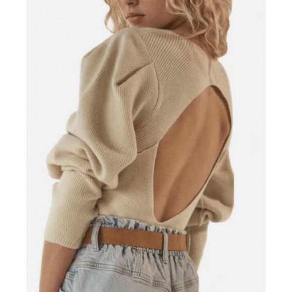 Free People Saffron Open Back Ivory Sweater XS Puff Sleeves Boho Knit E7 - Picture 2 of 8